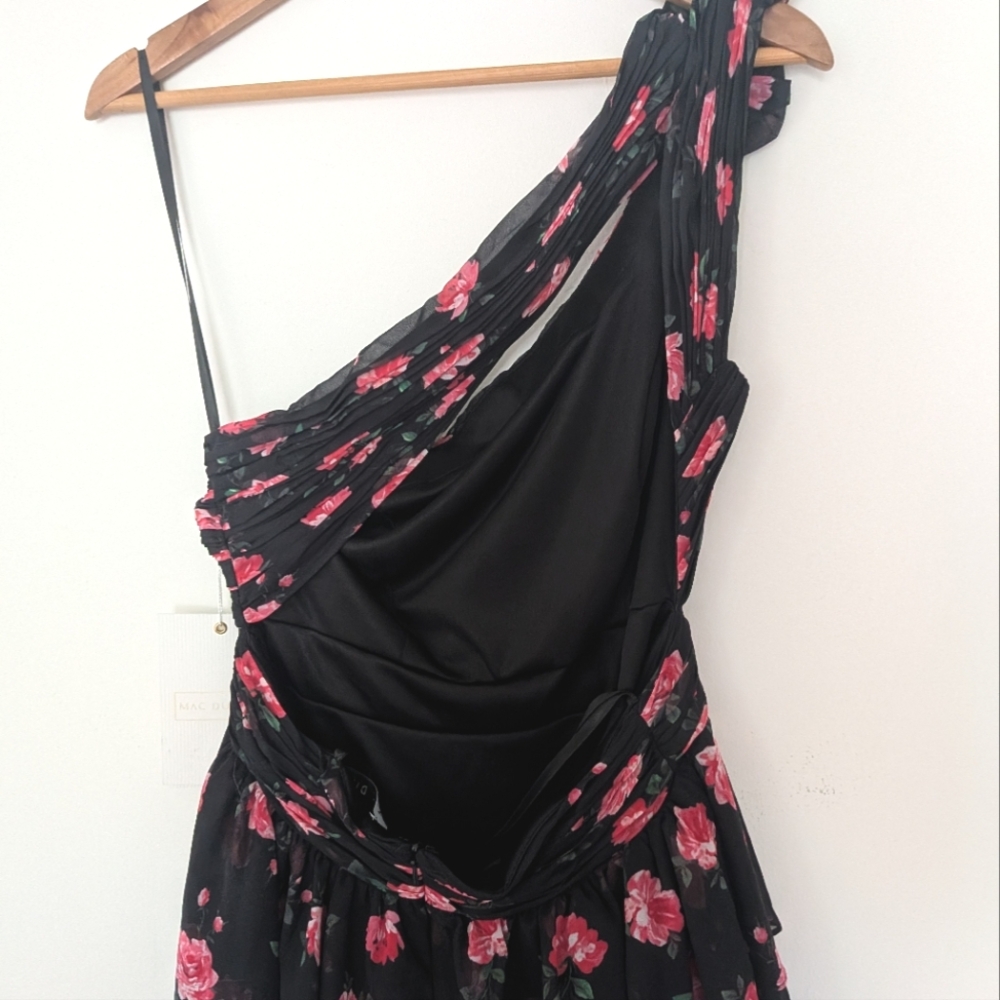 NWT! Mac Duggal Black One Shoulder Ruffled Rose Print Layered High-Low Dress - Picture 9 of 12